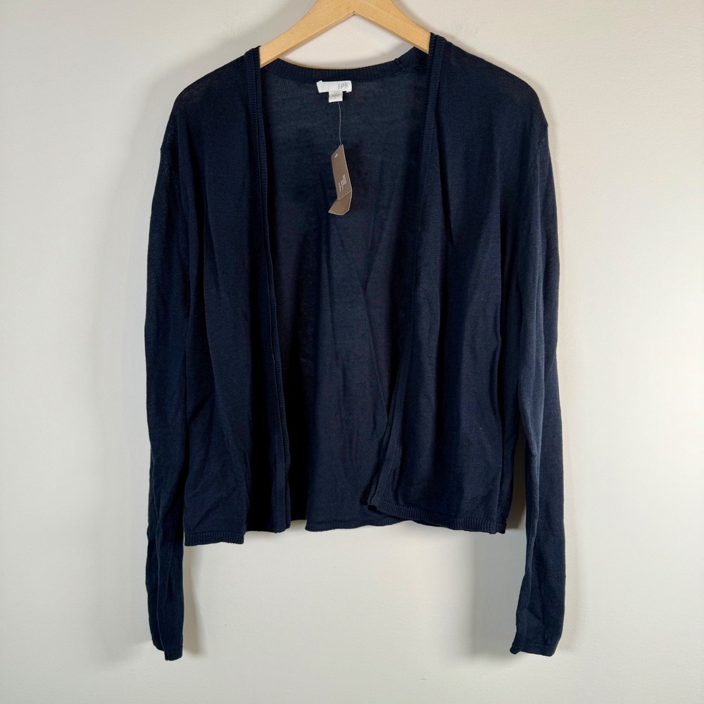 New J.Jill Linen Blend Open Front Cardigan Large Deep Blue Knit Sweater NWT